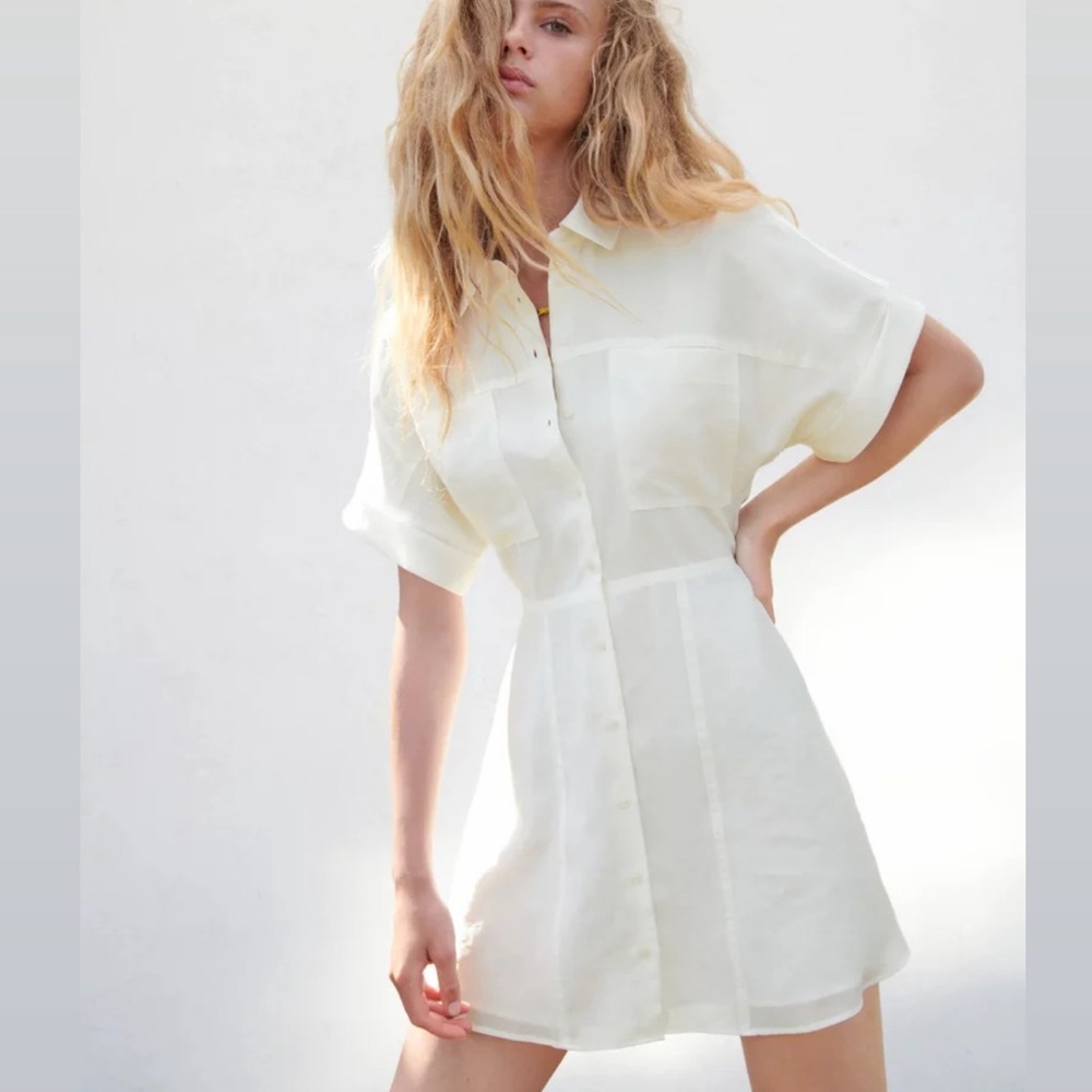Zara White Shirt Dress Elastic Waist Button Front Mini Tunic Size Medium 💗